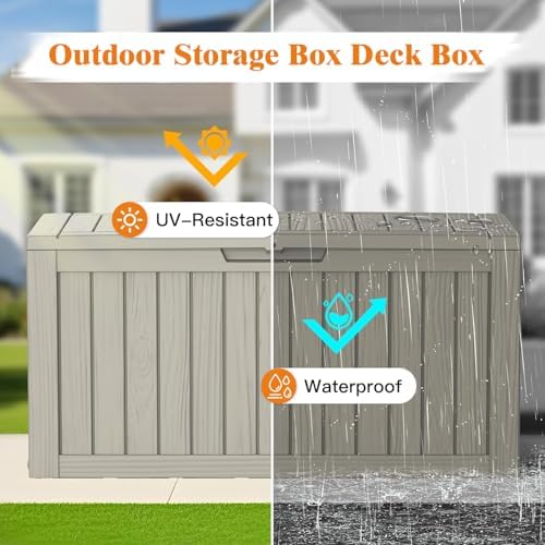 outdoor deck storage box, 75 gallon deck box,lockable shown in use