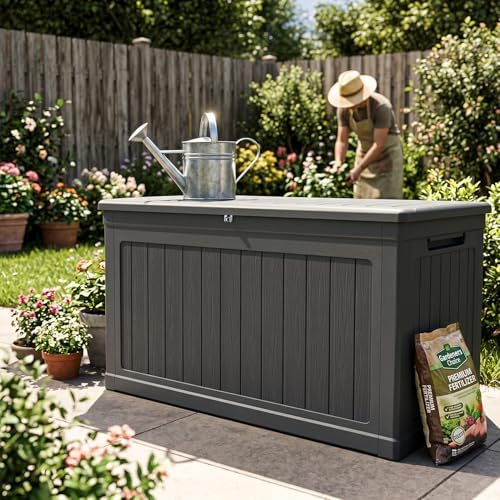 270 gallons outdoor storage deck box, front angle view