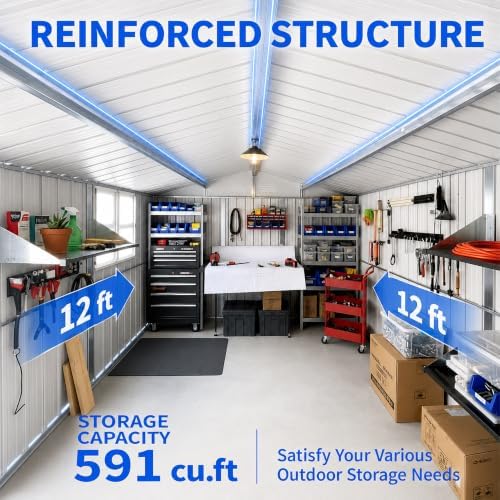 10x12 ft outdoor storage shed, large metal garden showing dimensions