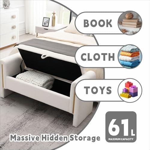 52" upholstered storage bench, white, armrests, wood frame showing dimensions