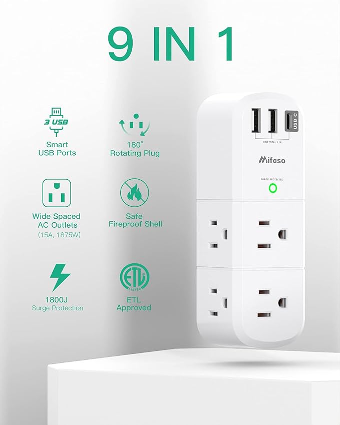 Outlet Extender with Rotating Plug, Mifaso Surge Protector 6 AC Multi Plug Wall - Image 7