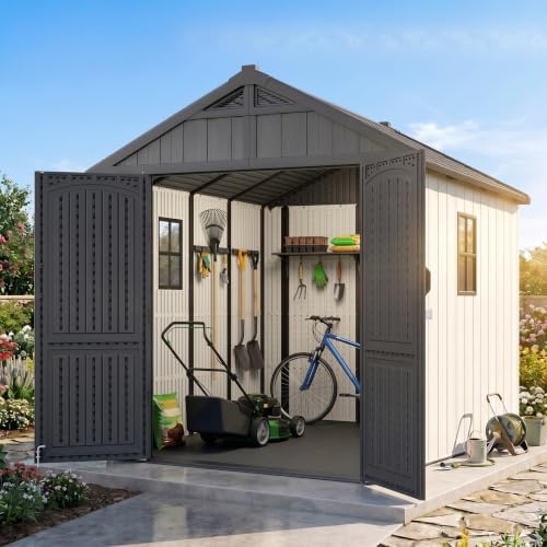 greesum 8x10 ft resin outdoor storage shed with on a desk or shelf