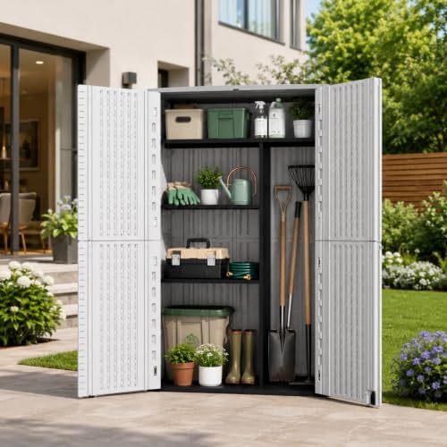 addok 66 cu.ft outdoor storage shed,resin storage cabinet shown in use
