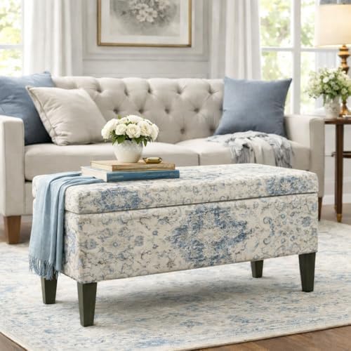 homepop 36" decorative storage bench - antiqued blue shown in use