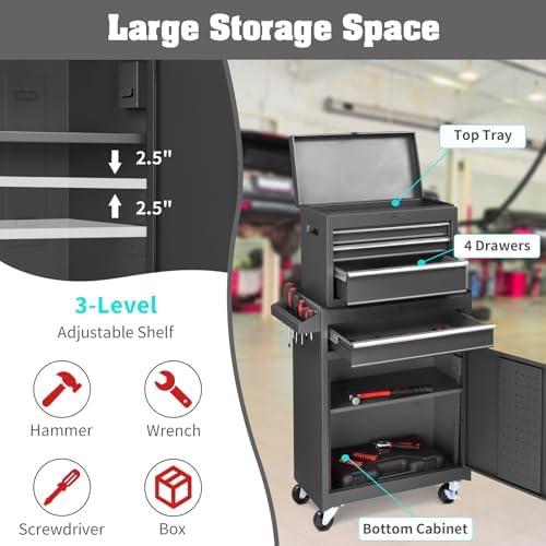 winado 4-drawer rolling tool chest, 2-in-1 large storage showing dimensions