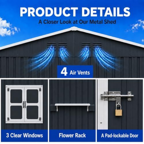 12x10 ft outdoor storage shed with 3 clear, close-up detail