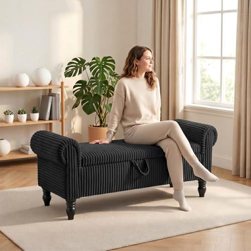 55" storage ottoman bench, corduroy end of bed, front angle view