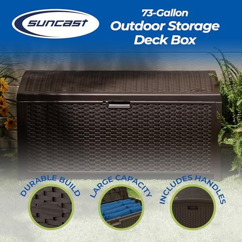 suncast outdoor storage box - 73 gallon mocha shown in use