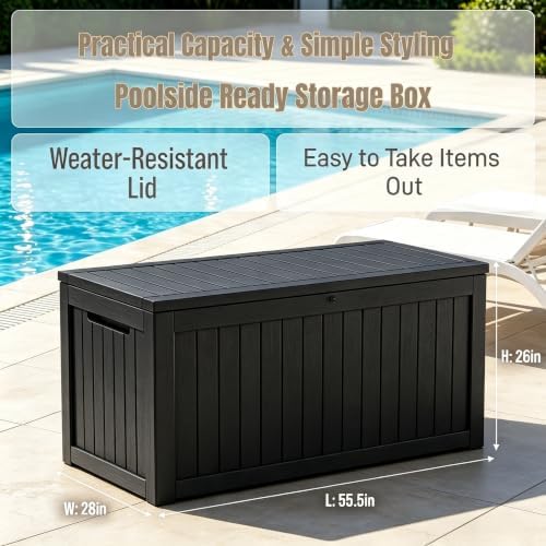 makino 198 gallon large resin outdoor storage box showing dimensions