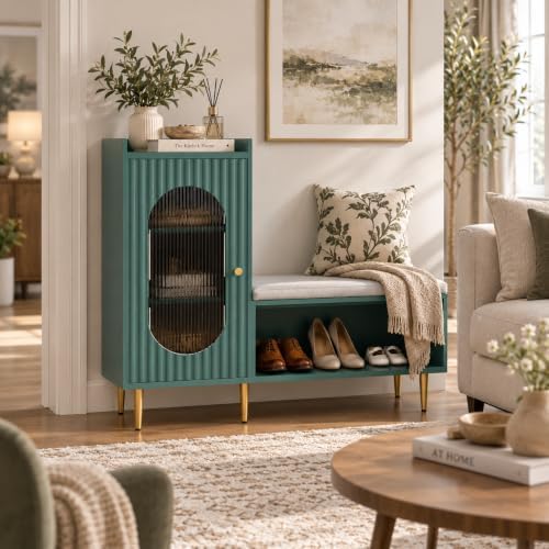 hlr shoe storage bench with glass door&shelf, l-shaped, close-up detail