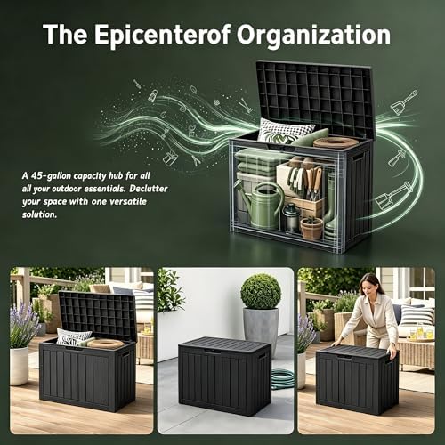 outdoor storage box resin deck box waterproof black shown in use