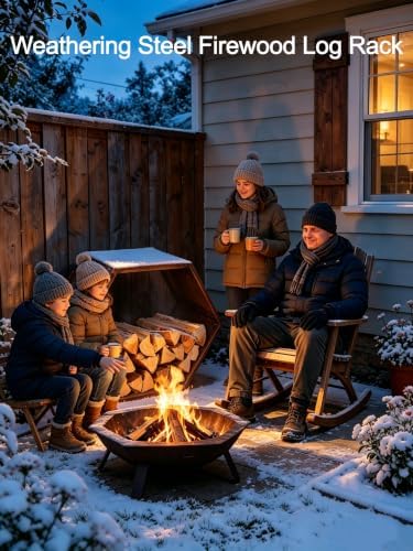 firewood rack outdoor, corten steel hexagon firewood holder shown in use
