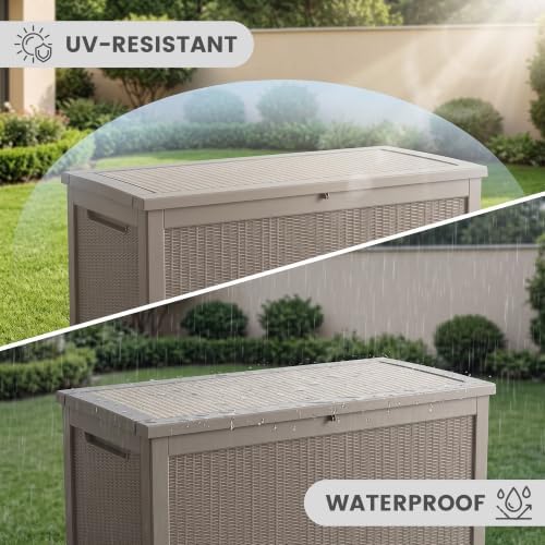 380 gallon outdoor storage box waterproof, lockable resin, close-up detail