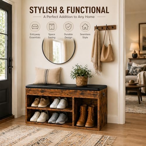 hoobro shoe storage bench with cushion, 32.3" entryway, side view