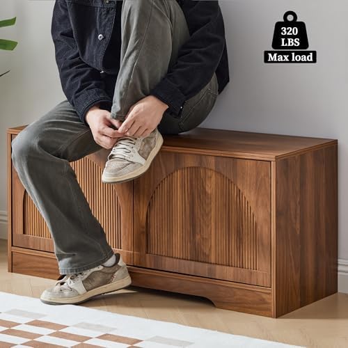 berrymerry 39.4" fluted 2 tier shoe storage bench showing dimensions