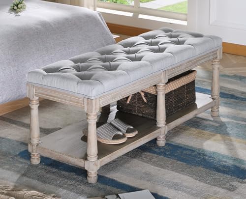 farmhouse storage bench wooden entryway upholstered tufted ottoman, front angle view