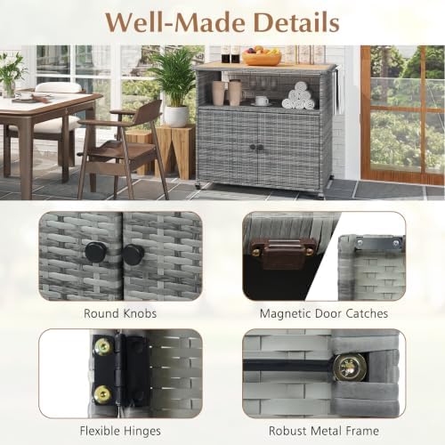 happygrill outdoor storage cabinet with wheels, pe rattan, front angle view