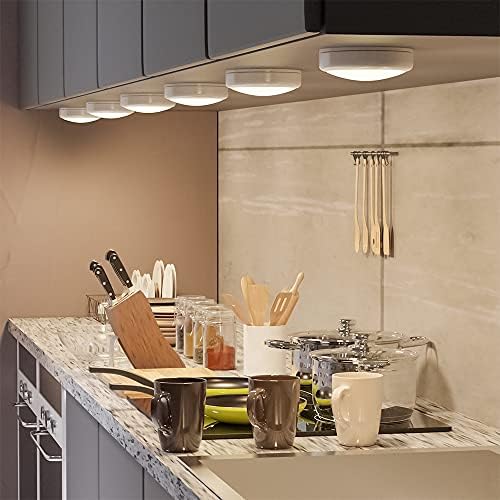 HELPLEX LED Puck Lights with Remote, 6 Pack Color Changing RGBW Stick-On Light, Battery Powered, Dimmable Under Cabinet Lighting with Timer & Memory, Wireless Push Lights for Kitchen & Closet