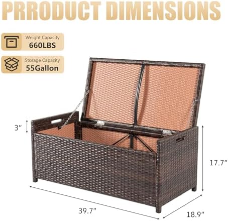 prohiker 2-in-1 wicker deck box bench, all-weather 55 showing dimensions