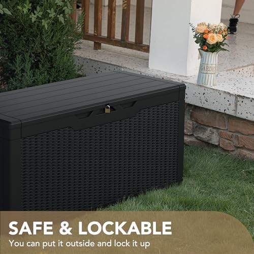 devoko 100 gallon waterproof deck box, resin large showing dimensions