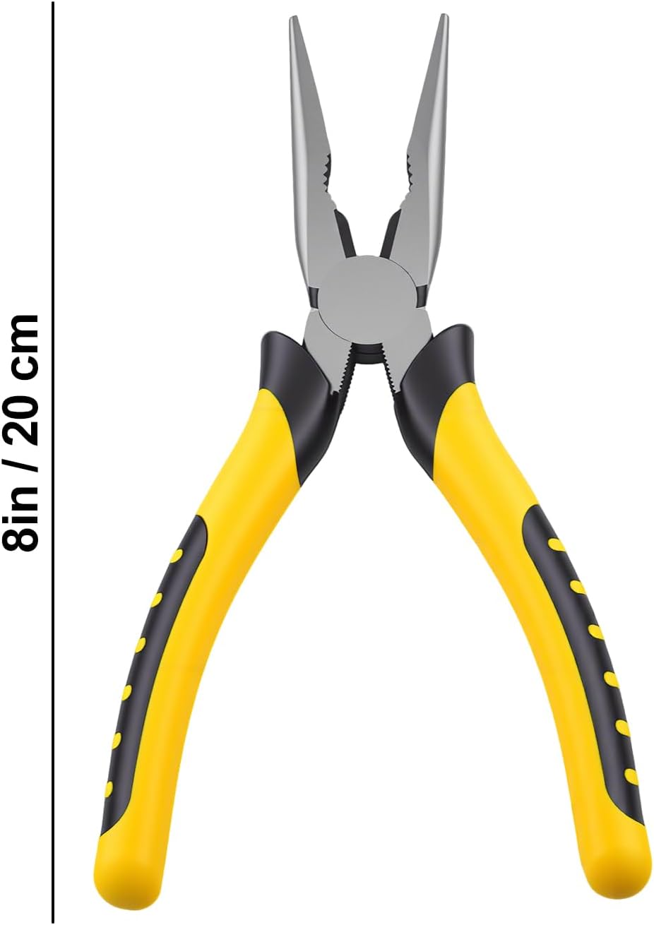 8-Inch Premium Needle Nose Pliers, Wiojided HCS Precision Long Nose Pliers | Plier with Wire Cutter, Anti-Slip Soft Grip, Paper Clamp Design for Home, Jewelry, Crafts, Fishing, Narrow Spaces