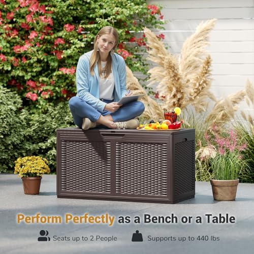 tangkula 100 gallon outdoor storage box, lockable outdoor showing dimensions