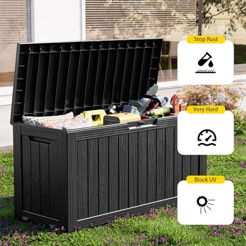 rojik deck box storage bench with wheels outdoor, side view