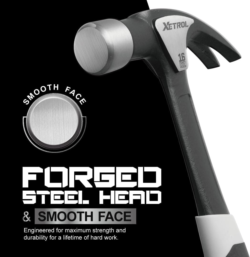 Steel Curved Claw Hammer 16oz, Solid One Piece Steel Heavy Duty Curved Hammer, Shock-Absorbing Handle Design, Ergonomic Comfortable Grip, Enhanced Leverage for Nail Pulling