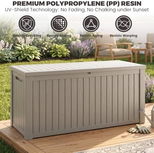 outdoor storage box, 200 gallon waterproof deck box, side view