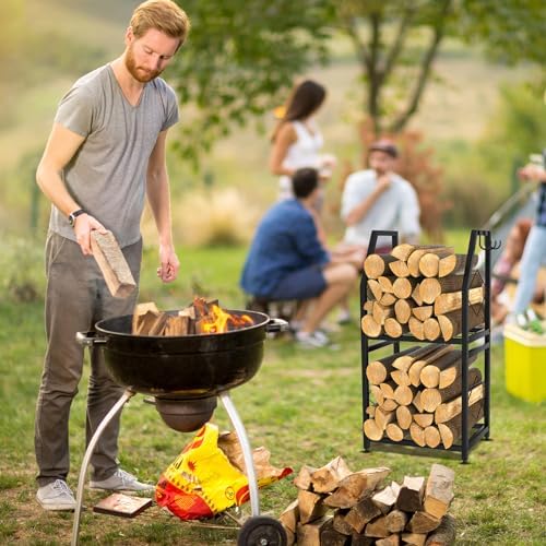 vygrow firewood rack for indoor, 2-tier firewood holder, front angle view