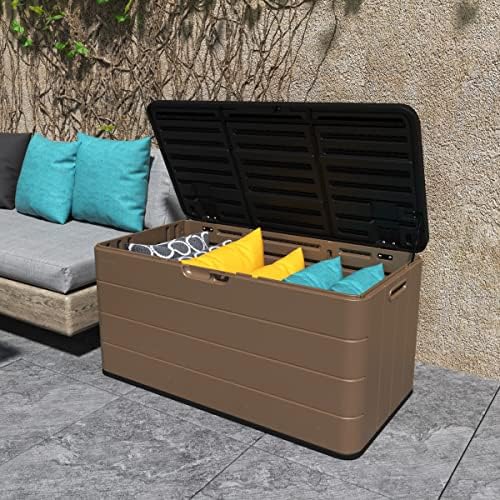 mrosaa resin deck storage box, 85 gallon outdoor shown in use