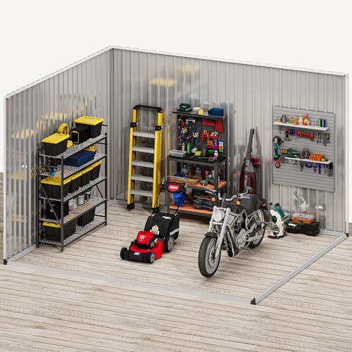 dwvo 10x8ft metal outdoor storage shed with window on a desk or shelf
