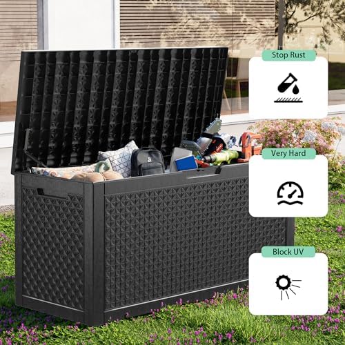 outdoor waterproof resin storage deck box lockable outside showing dimensions