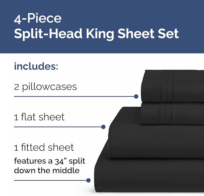 Split Head King Sheet Set – 4 Piece Flex Split Top King Sheets - Image 2
