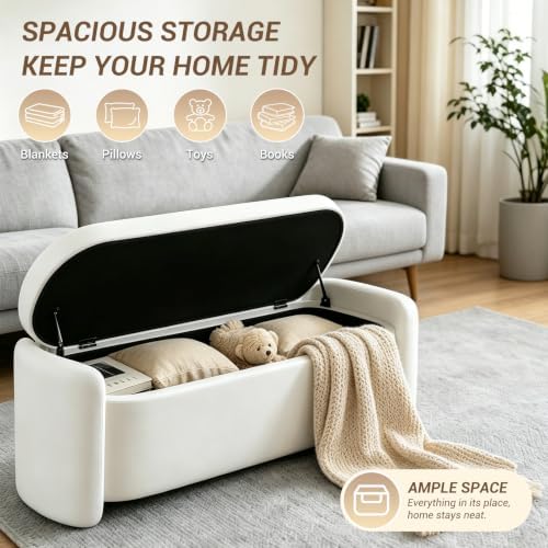 storage bench,storage bench with cushion,white 48.8" showing dimensions
