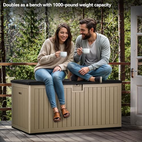 yitahome 260 gallon large deck box with divider on a desk or shelf