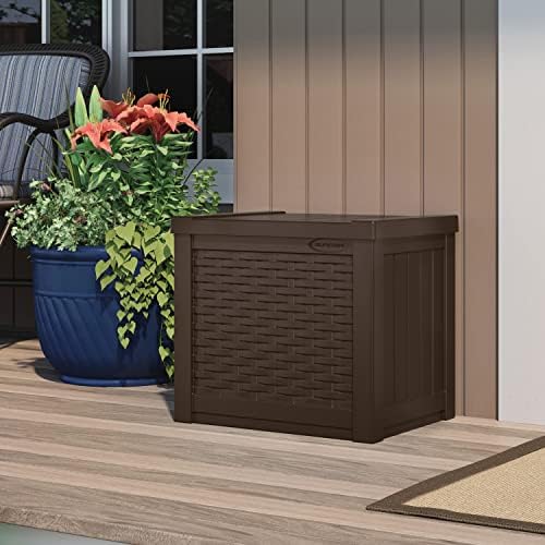 suncast 22 gal, small outdoor storage deck box shown in use