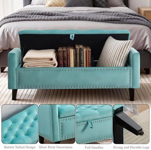 47in velvet storage ottoman bench with arms, upholstered, close-up detail
