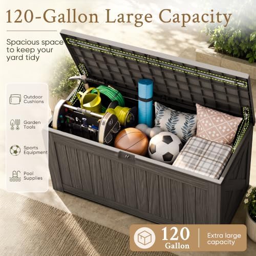 devoko 120 gallon deck box resin outdoor storage on a desk or shelf