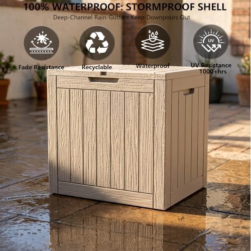 outdoor storage box, 35 gallon waterproof deck box, side view