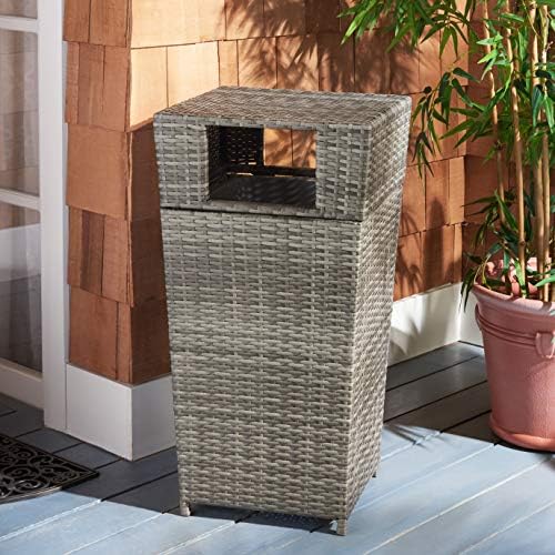 safavieh outdoor mazeli wicker trash can, 35.1" grey shown in use