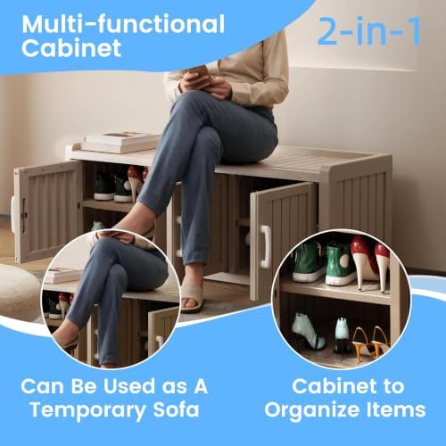 3 doors shoe bench, waterproof & uv-resistant, resin, side view