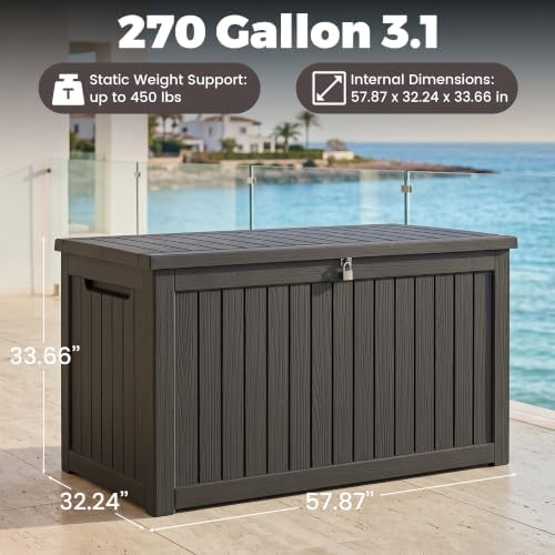 outdoor storage box, 270 gallon waterproof deck box shown in use
