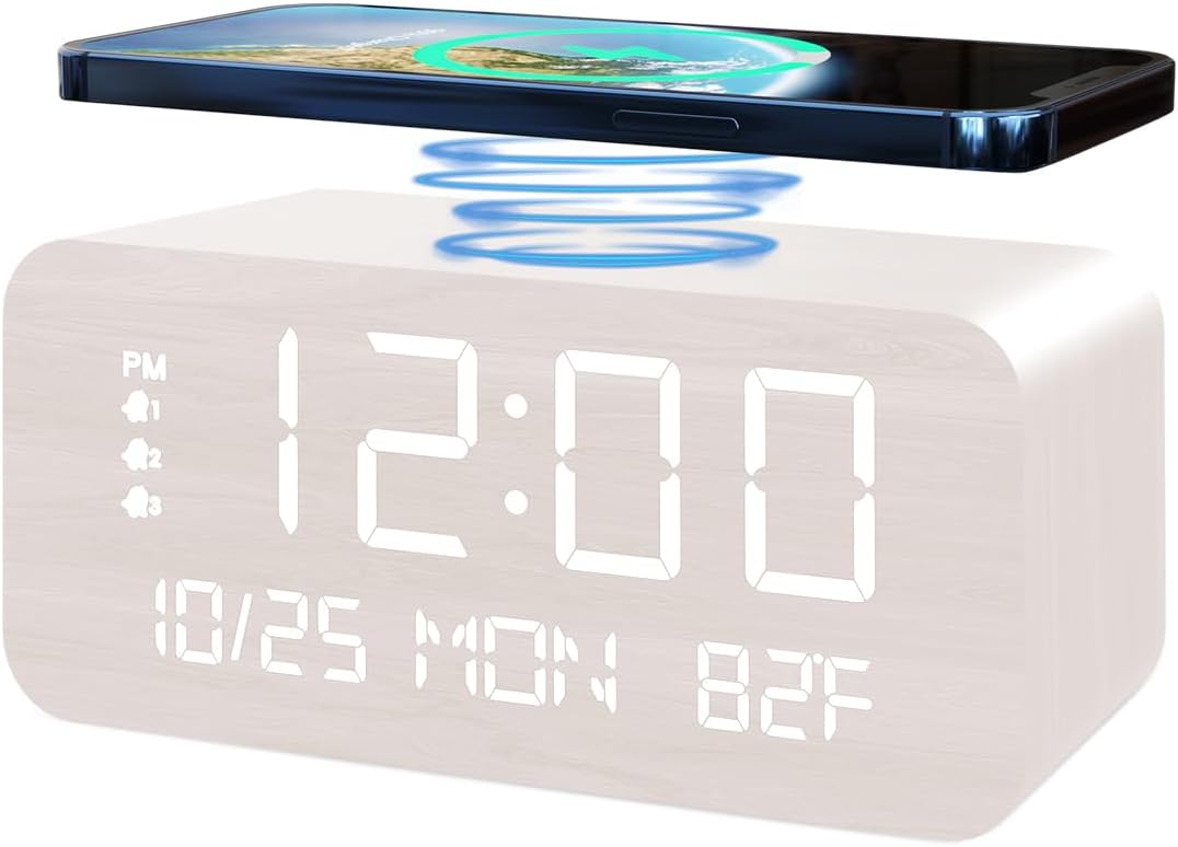 JALL Digital Alarm Clock, with Wooden Electronic LED Time Display, 3 Alarm by JALL
