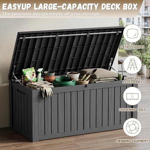 easyup 220 gallon deck box waterproof lockable outside shown in use