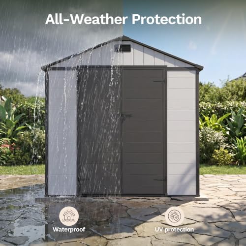 patiowell 8x8 ft plastic outdoor storage shed with on a desk or shelf