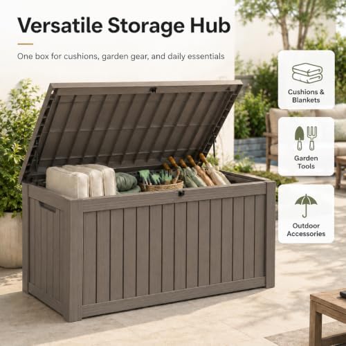 outdoor storage box resin deck box waterproof gray shown in use