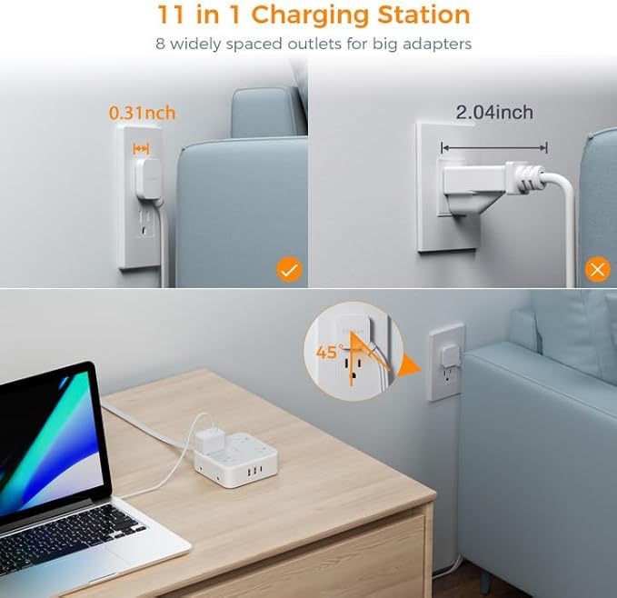 Flat Plug 20 FT Long Extension Cord, TESSAN Ultra Thin Power Strip Surge - Image 3