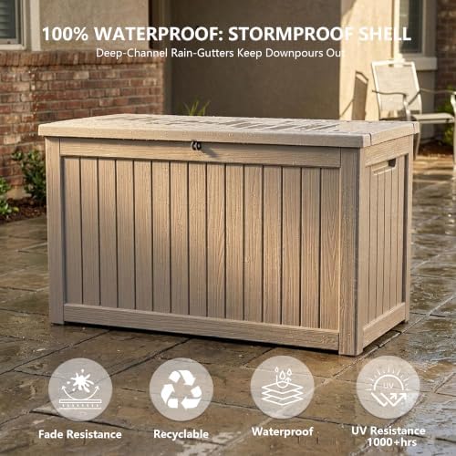 outdoor storage box,270 gallon waterproof deck box [upgraded showing dimensions