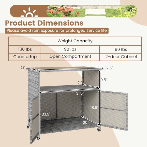 tangkula rattan outdoor storage cabinet with 4 wheels, close-up detail